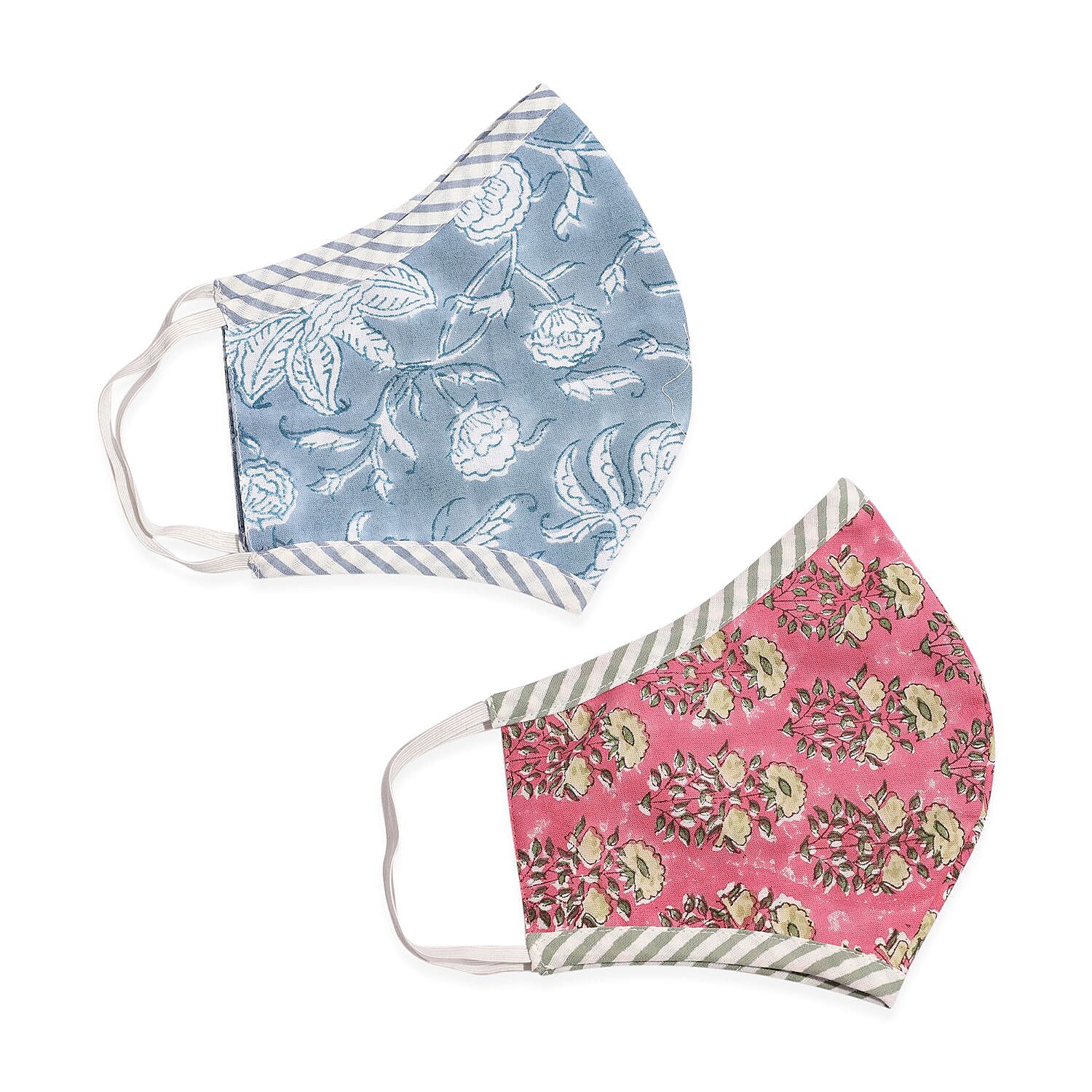 2 Piece Set - 100% Cotton Hand Block Print Double Layer Reusable Face Cover - Blue and Wine Red