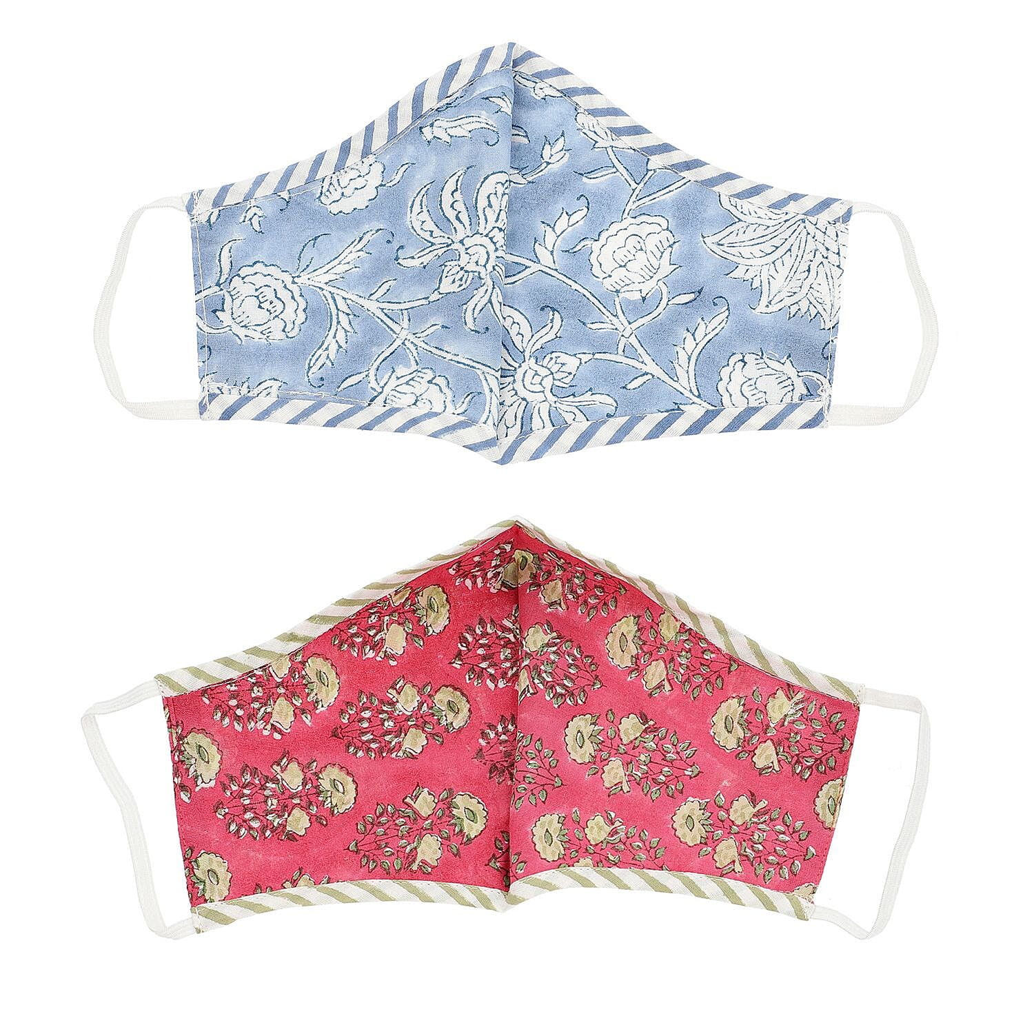 2 Piece Set - 100% Cotton Hand Block Print Double Layer Reusable Face Cover - Blue and Wine Red