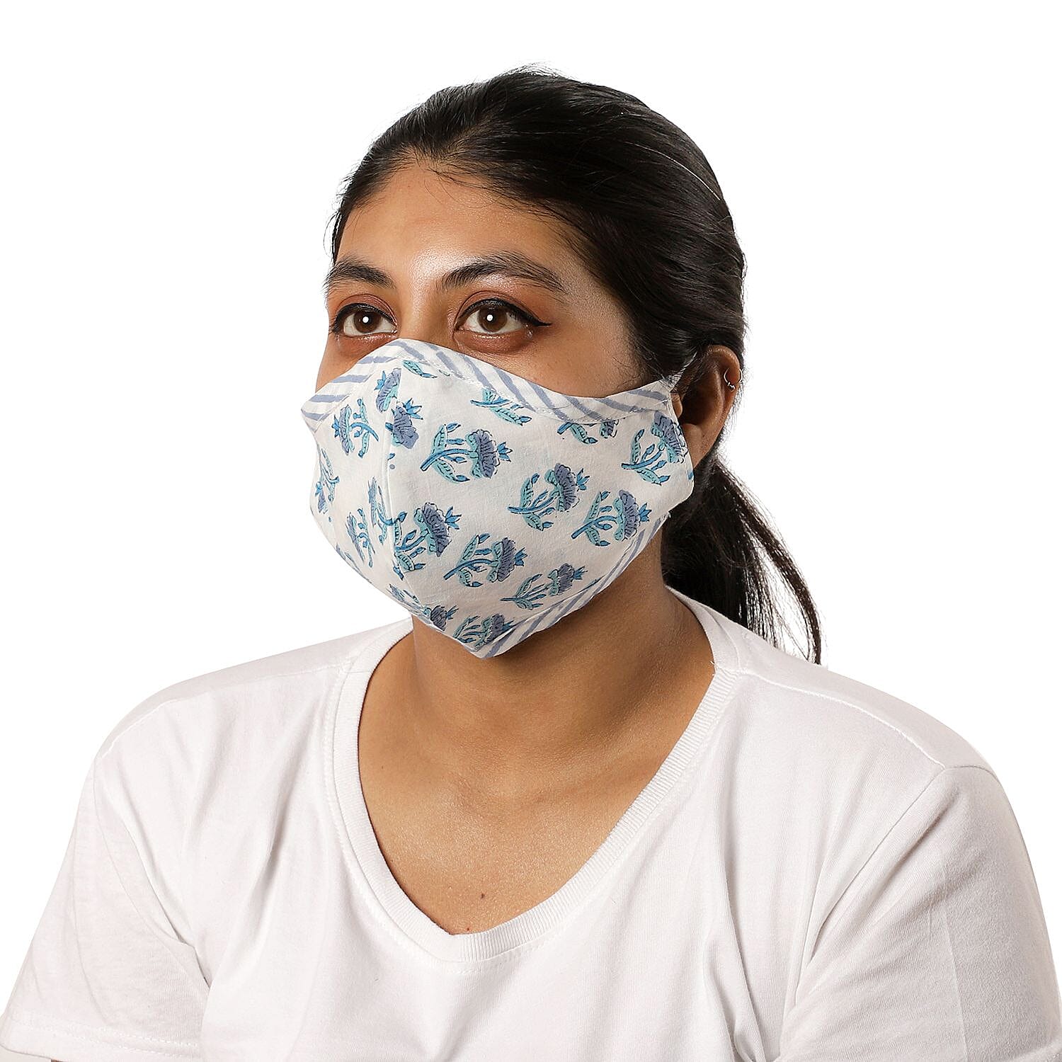 2 Piece Set - 100% Cotton Hand Block Print Double Layer Reusable Face Cover - White, Red and Blue