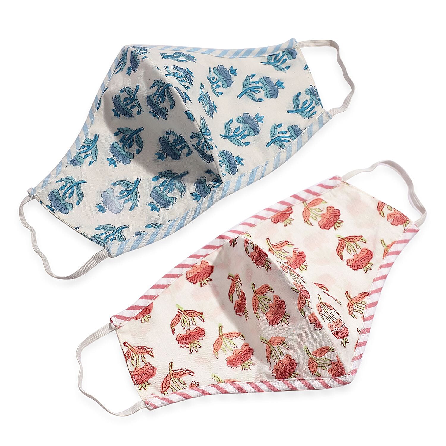 2 Piece Set - 100% Cotton Hand Block Print Double Layer Reusable Face Cover - White, Red and Blue