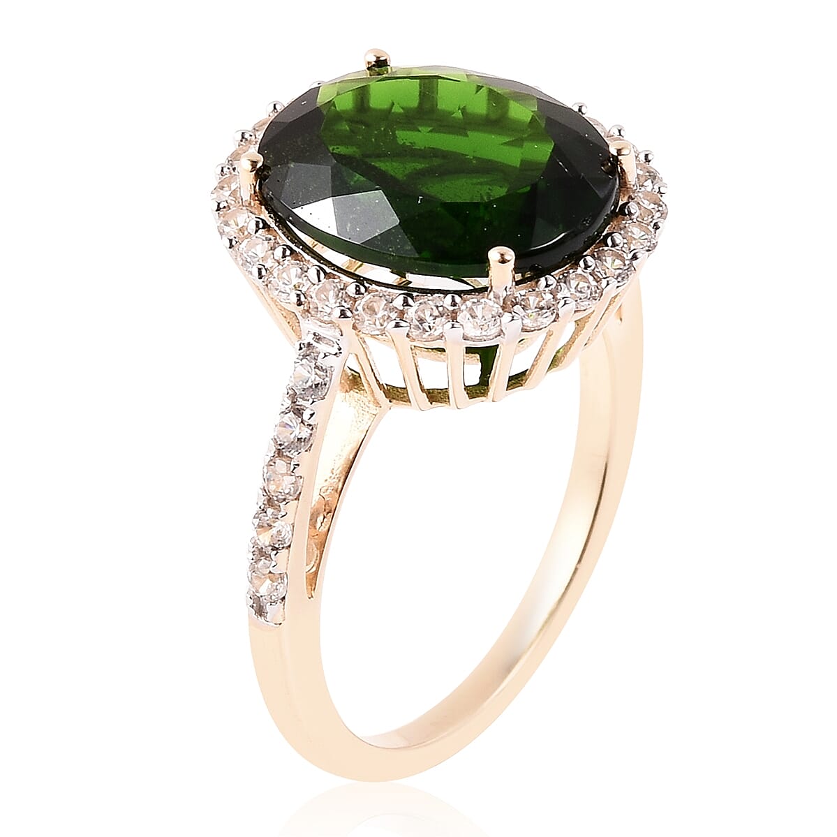 9K Yellow Gold Chrome Diopside (Ovl 12x10mm), Natural Cambodian Zircon Ring 5.32 Ct.