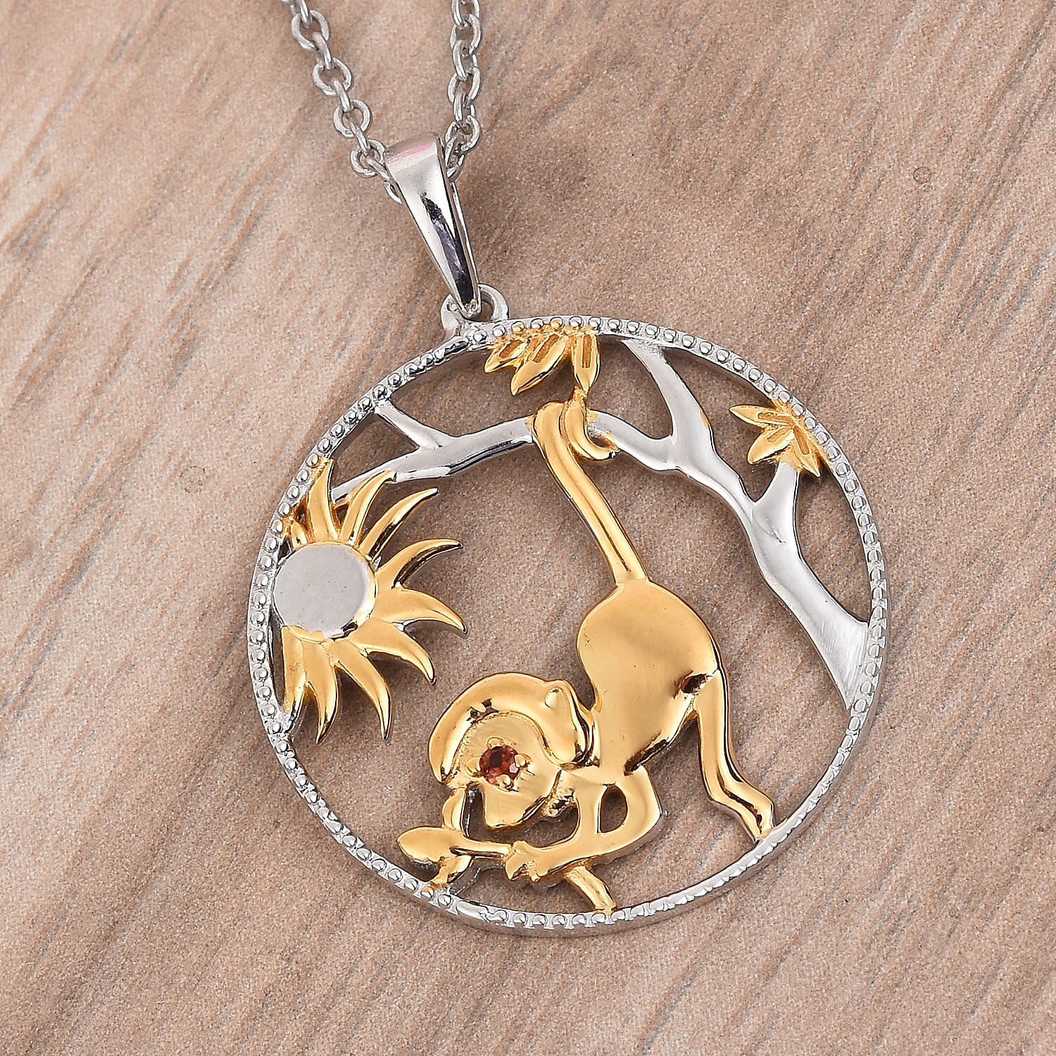 Garnet Monkey Pendant with Chain (Size 18) in Platinum and Yellow Gold Overlay Sterling Silver, Silver wt 5.30 Gms