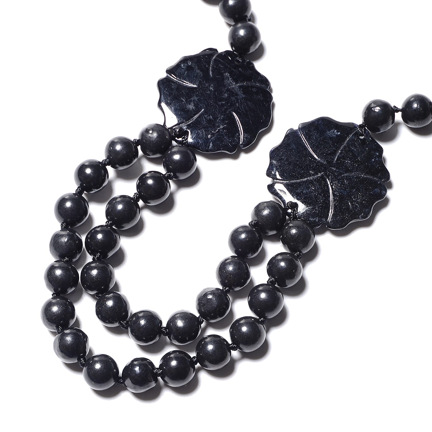 Flower Carved Black Jade and Shungite Beads Necklace (Size 20) in Rhodium Overlay Sterling Silver 447.50 Ct.