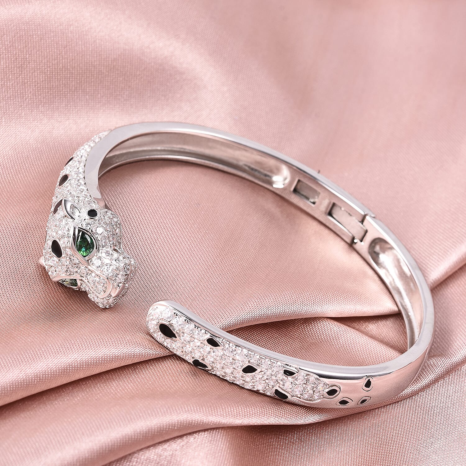 Lustro Stella - Rhodium Overlay Sterling Silver Enamelled Panther Cuff Bangle (Size 7.5) Made with Green and White Finest CZ 9.45 Ct, Silver wt 25.50 Gms