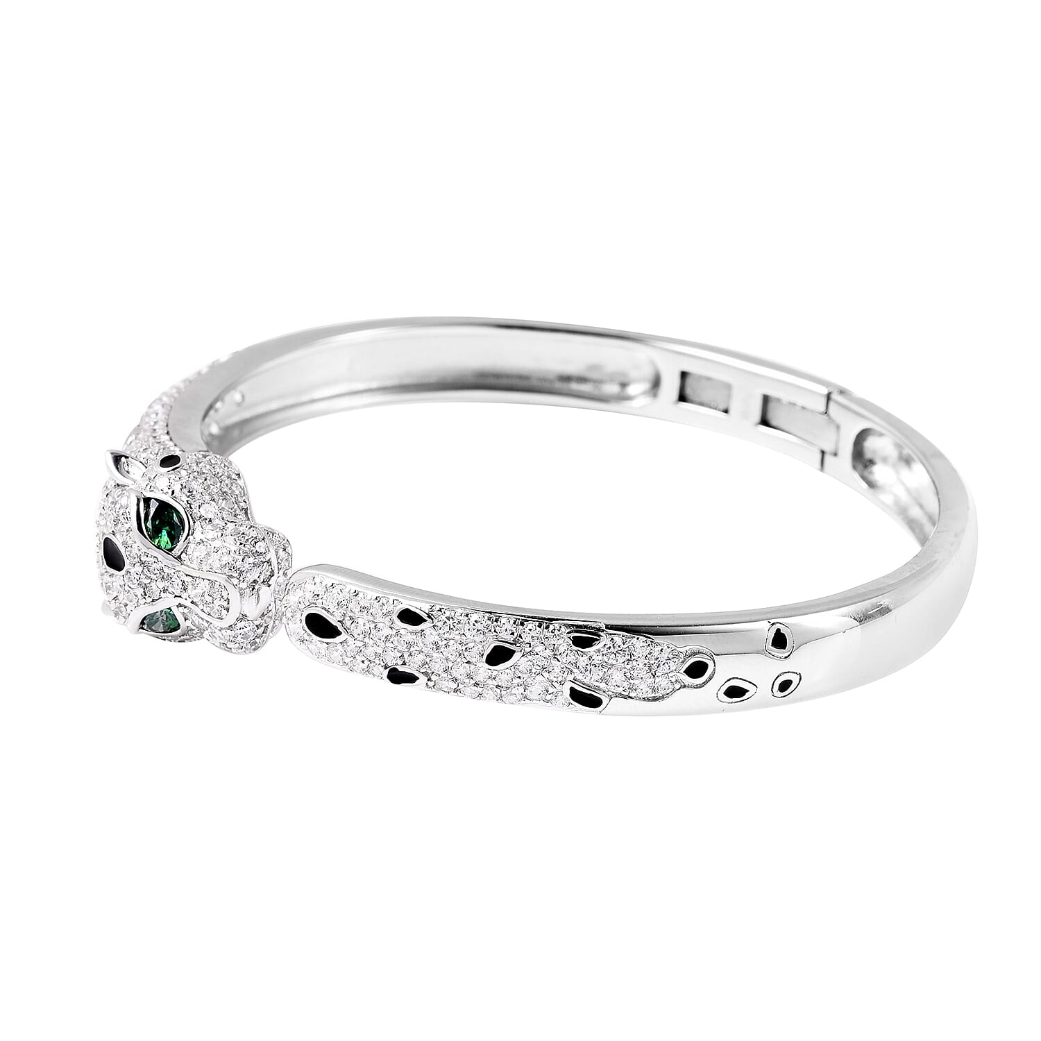 Lustro Stella - Rhodium Overlay Sterling Silver Enamelled Panther Cuff Bangle (Size 7.5) Made with Green and White Finest CZ 9.45 Ct, Silver wt 25.50 Gms