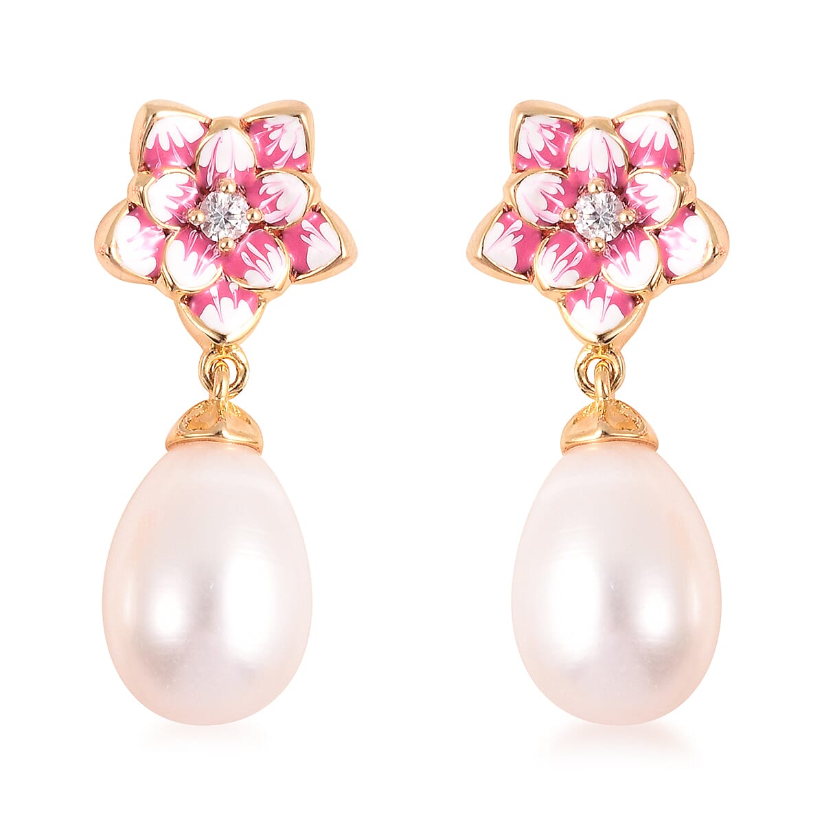 GP - Freshwater Pearl, Natural Cambodian Zircon and Blue Sapphire Enamelled Floral Drop Earrings (with Push Back) in Yellow Gold Overlay Sterling Silver, Silver wt 5.02 Gms
