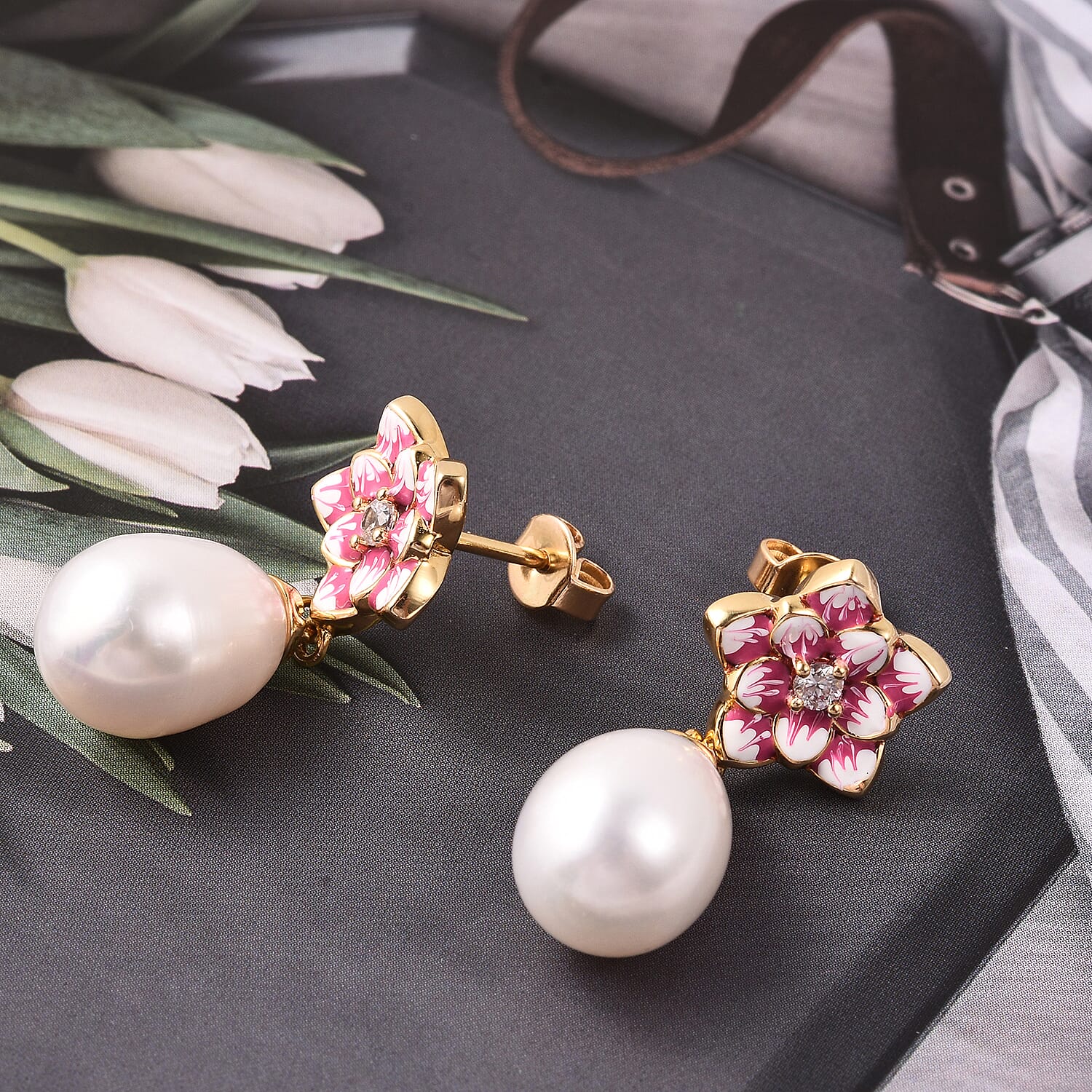 GP - Freshwater Pearl, Natural Cambodian Zircon and Blue Sapphire Enamelled Floral Drop Earrings (with Push Back) in Yellow Gold Overlay Sterling Silver, Silver wt 5.02 Gms