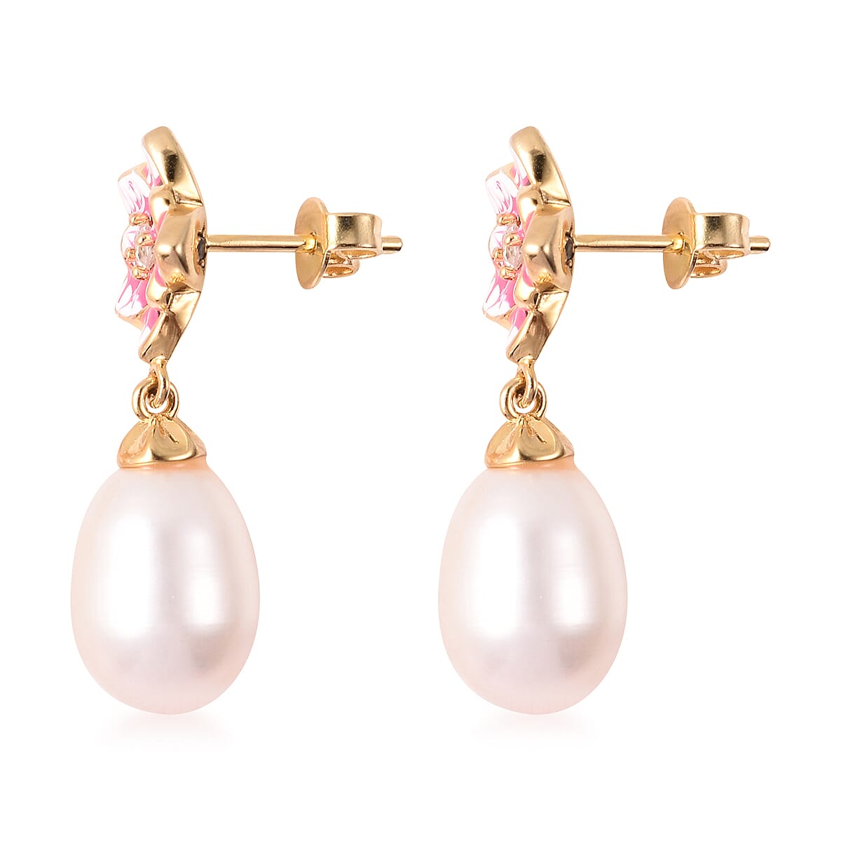 GP - Freshwater Pearl, Natural Cambodian Zircon and Blue Sapphire Enamelled Floral Drop Earrings (with Push Back) in Yellow Gold Overlay Sterling Silver, Silver wt 5.02 Gms