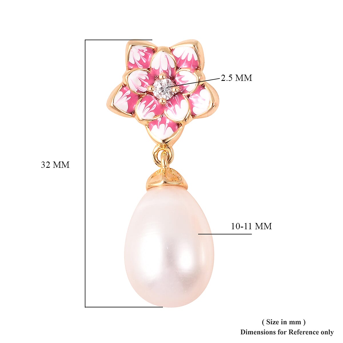 GP - Freshwater Pearl, Natural Cambodian Zircon and Blue Sapphire Enamelled Floral Drop Earrings (with Push Back) in Yellow Gold Overlay Sterling Silver, Silver wt 5.02 Gms