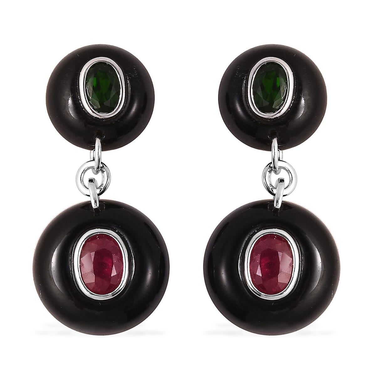GP - Black Obsidian, African Ruby and Multi Gemstone Drop Earrings (with Push Back) in Rhodium Overlay Sterling Silver 37.79 Ct.
