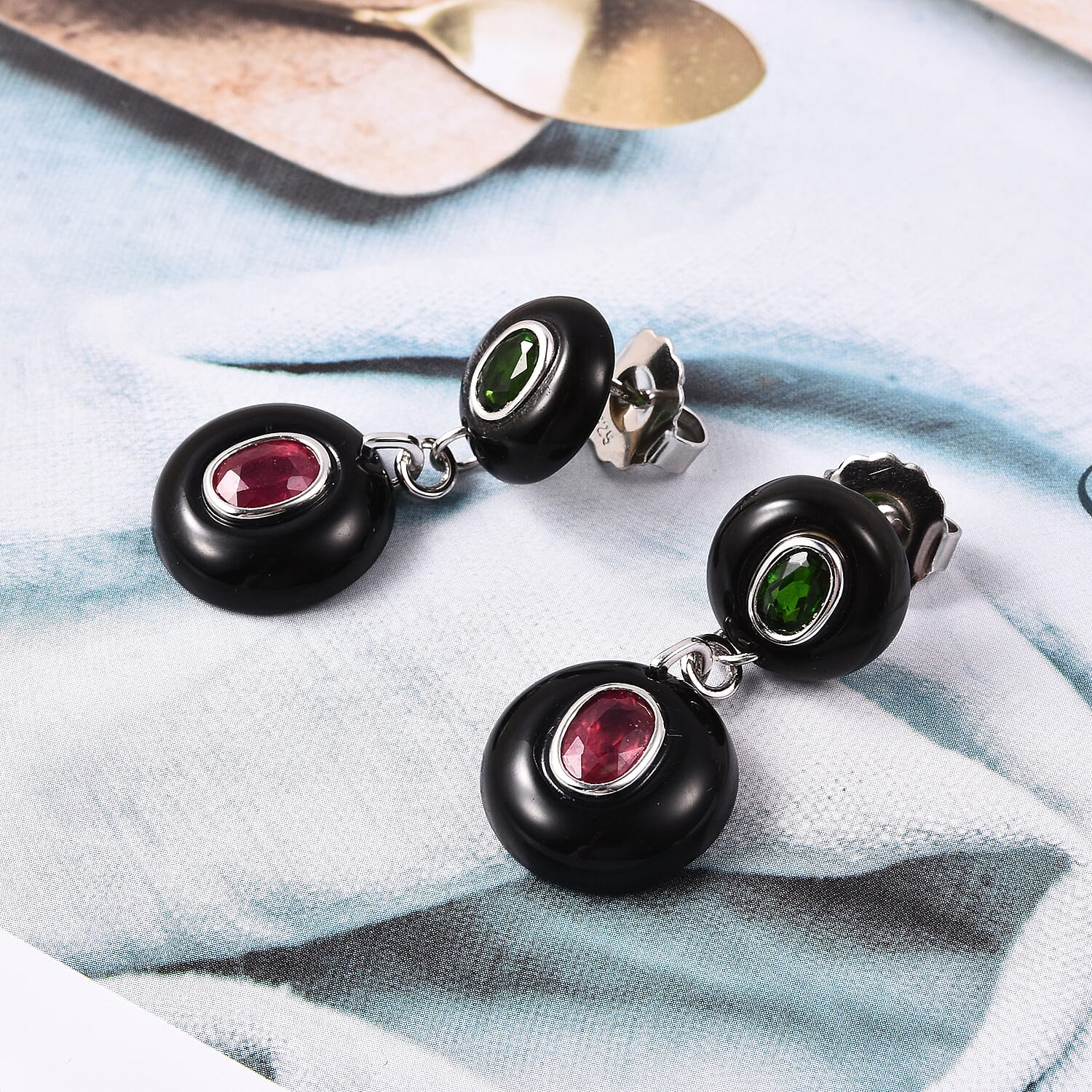 GP - Black Obsidian, African Ruby and Multi Gemstone Drop Earrings (with Push Back) in Rhodium Overlay Sterling Silver 37.79 Ct.