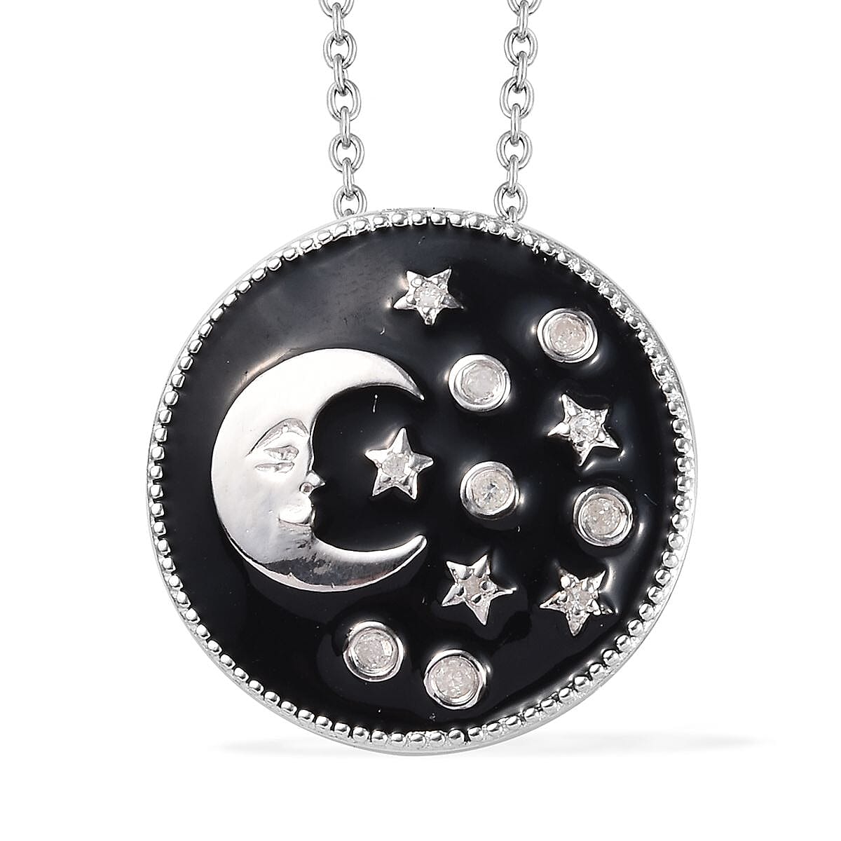 GP - Diamond and Blue Sapphire Crescent Moon and Star Enamelled  Pendant with Chain (Size 18) in Platinum Overlay Sterling Silver, Silver wt 5.50 Gms