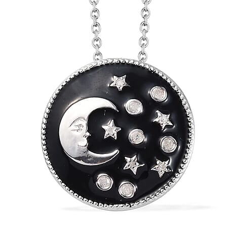 GP - Natural White Diamond & Blue Sapphire Crescent Moon and Star Enamelled Pendant with Chain (Size 20) in Sterling Silver