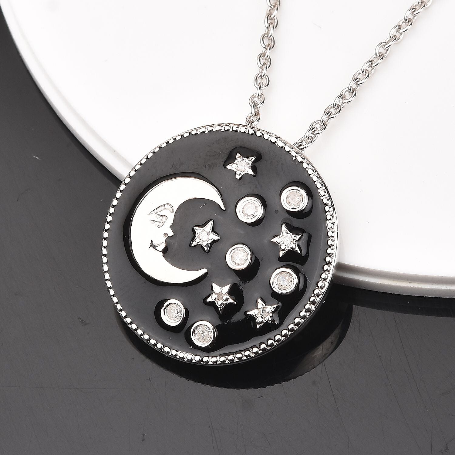 GP - Diamond and Blue Sapphire Crescent Moon and Star Enamelled  Pendant with Chain (Size 18) in Platinum Overlay Sterling Silver, Silver wt 5.50 Gms