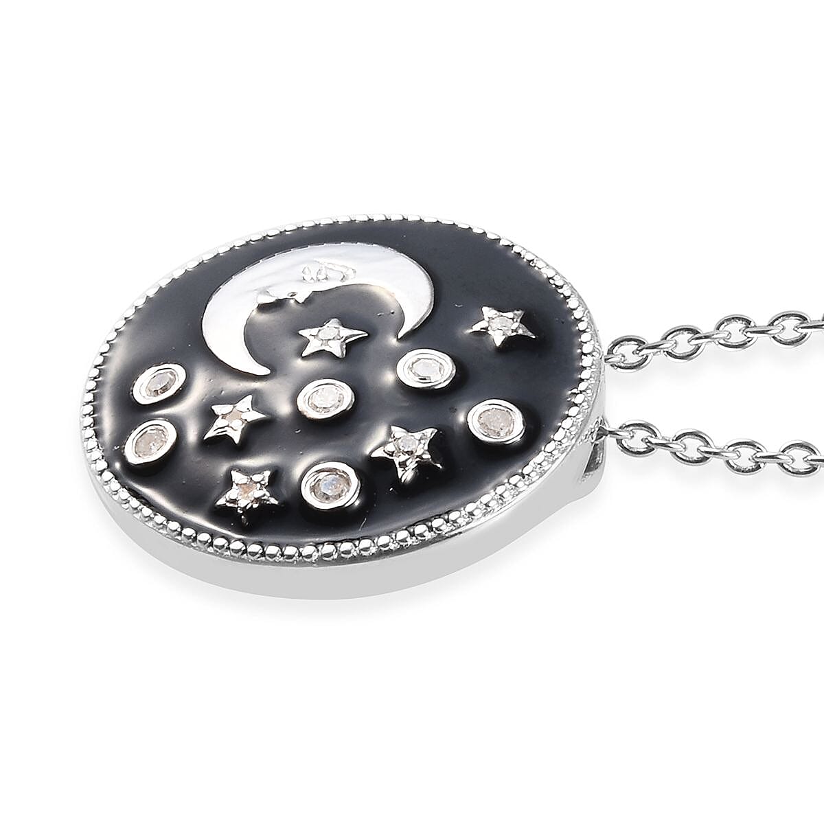 GP - Diamond and Blue Sapphire Crescent Moon and Star Enamelled  Pendant with Chain (Size 18) in Platinum Overlay Sterling Silver, Silver wt 5.50 Gms