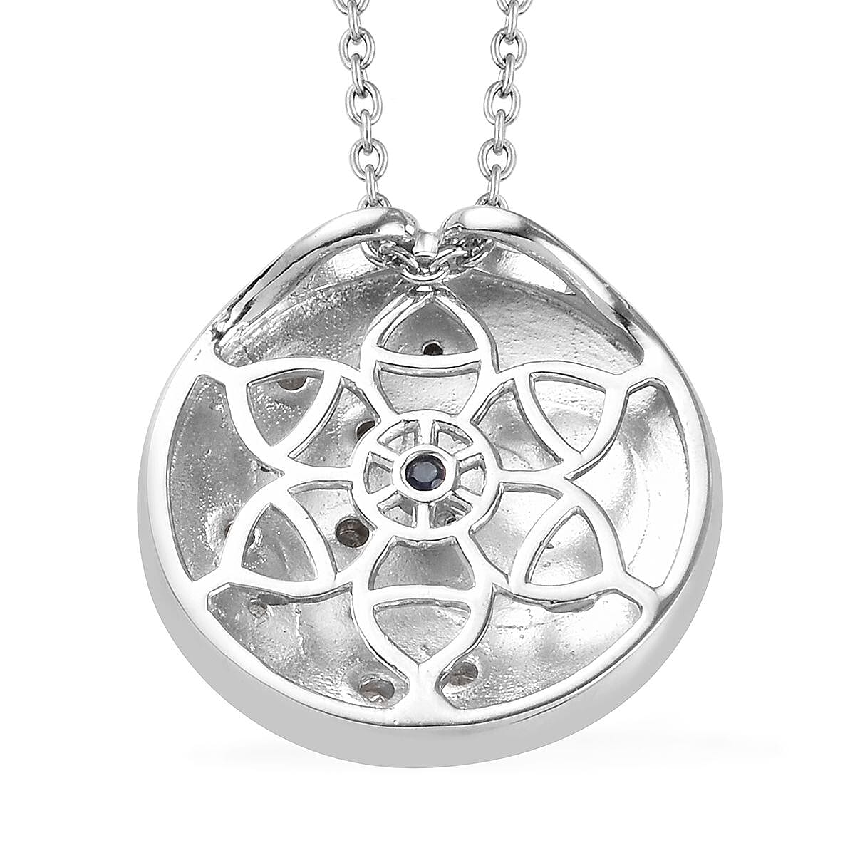 GP - Diamond and Blue Sapphire Crescent Moon and Star Enamelled  Pendant with Chain (Size 18) in Platinum Overlay Sterling Silver, Silver wt 5.50 Gms