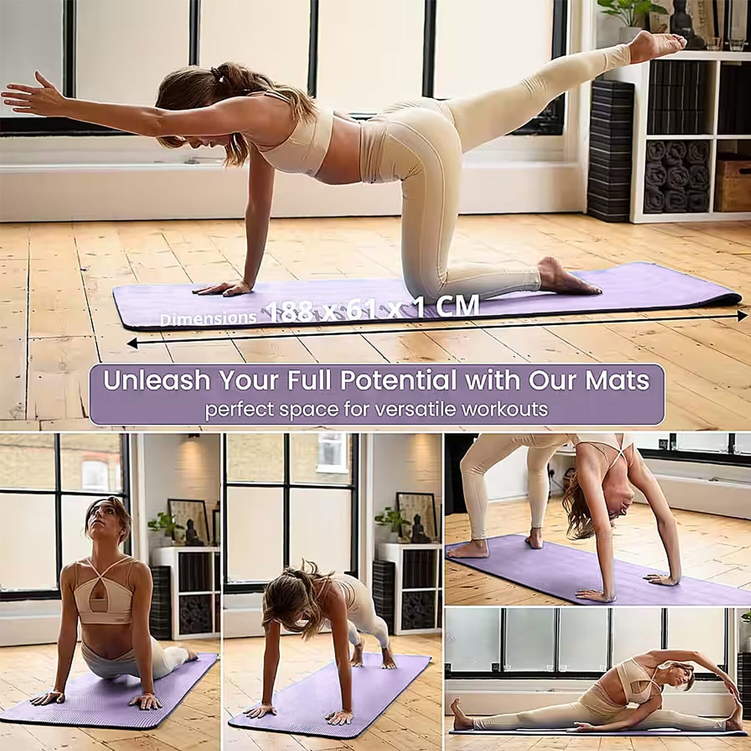 Soul Smart NBR Yoga Mat Non Slip Exercise - Pilates Mat with Carrying Strap (Size 188x61 cm) - Purple