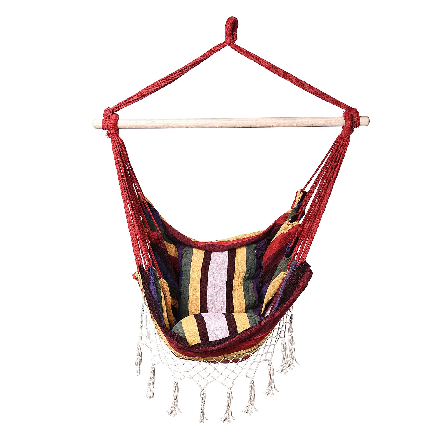Striped Hanging Rope Hammock Swing Seat with 2 Cushions (Size 100x130 cm) - Red and Multi Colour