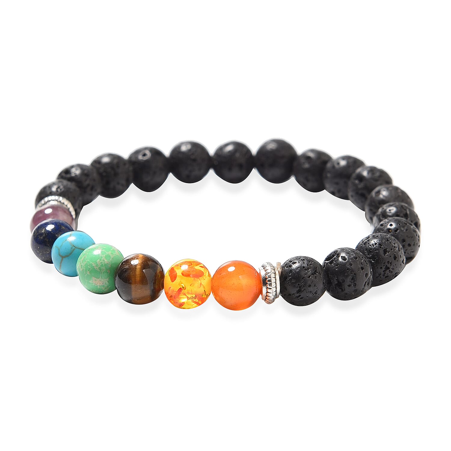 Lava and Multi Gemstones Bead Stretchable Bracelet (Size 6.5) Silver Plated 80.00 Ct.