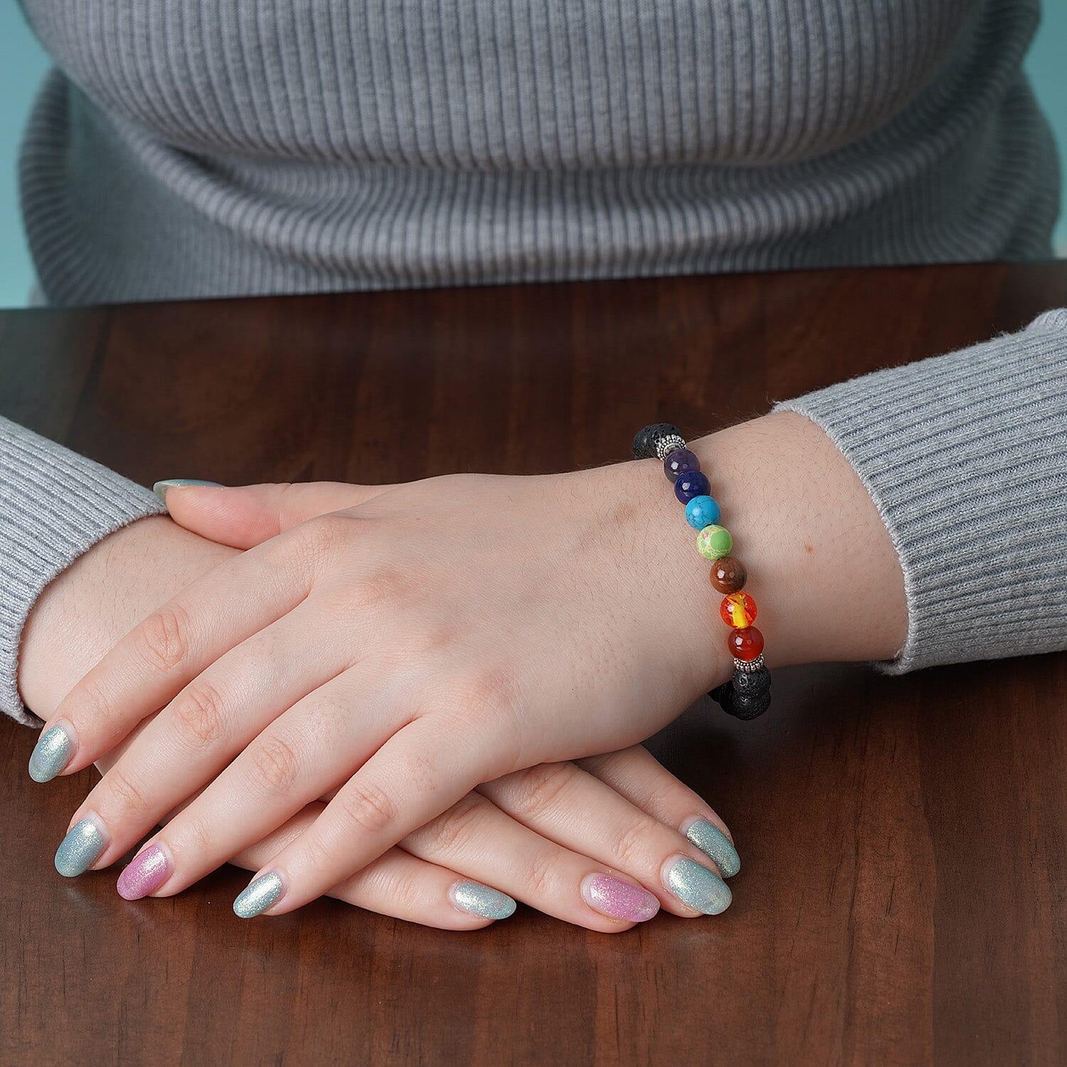 Lava and Multi Gemstones Bead Stretchable Bracelet (Size 6.5) Silver Plated 80.00 Ct.