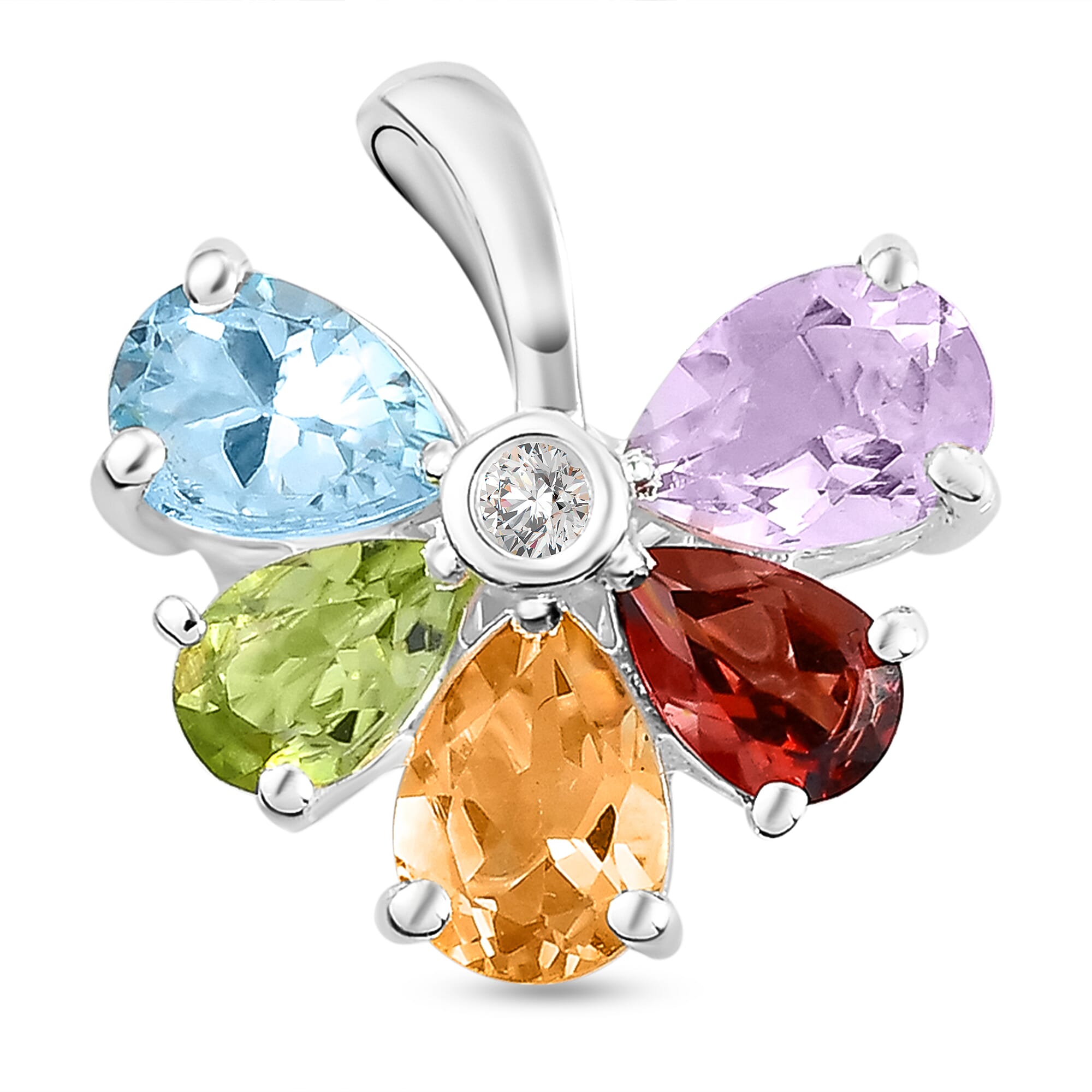 Sky Blue Topaz & Natural Hebei Peridot and Multi Gemstone Floral Pendant in Sterling Silver 3.25 Ct.