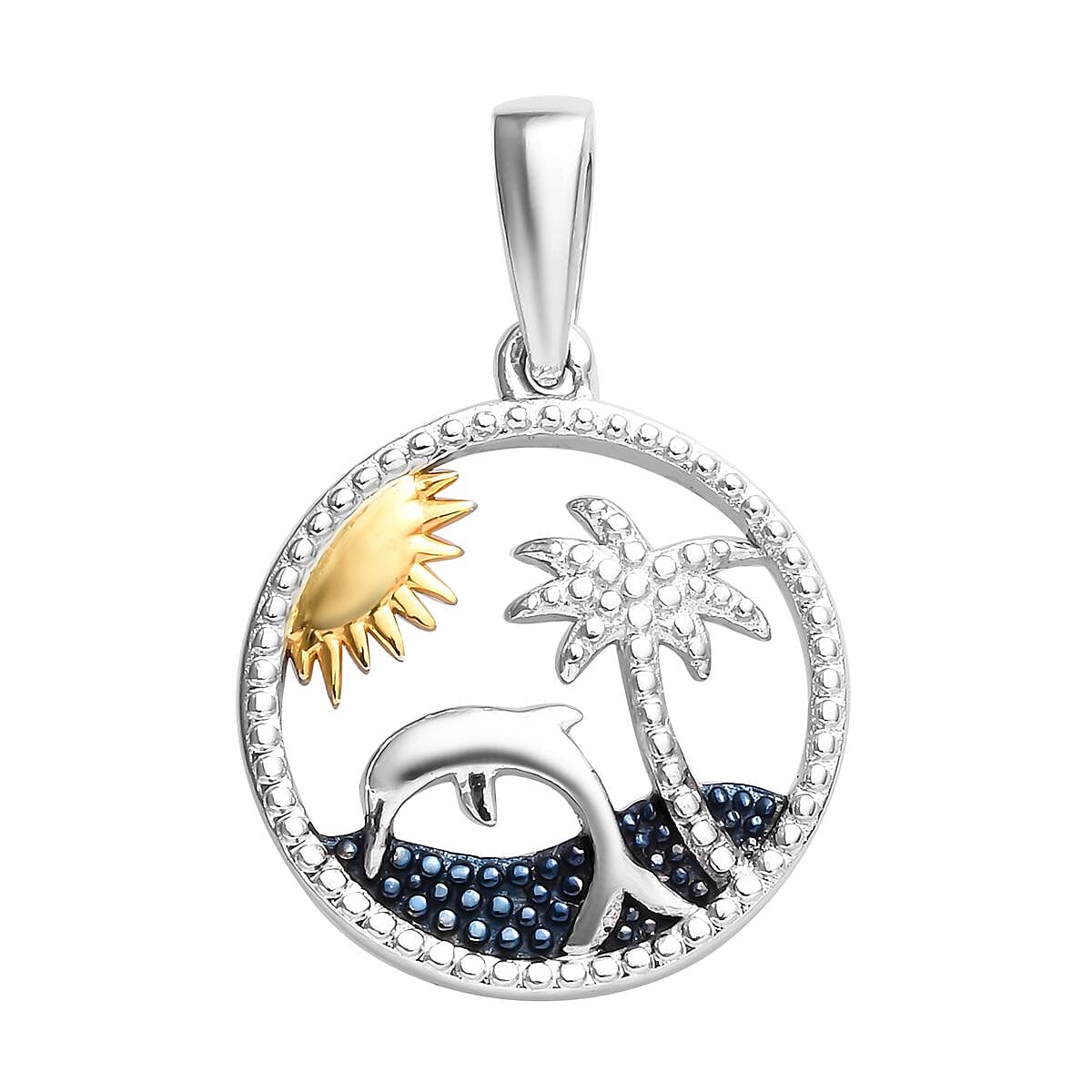 Platinum, Blue and Yellow Gold Overlay Sterling Silver Dolphin with Palm Tree Pendant