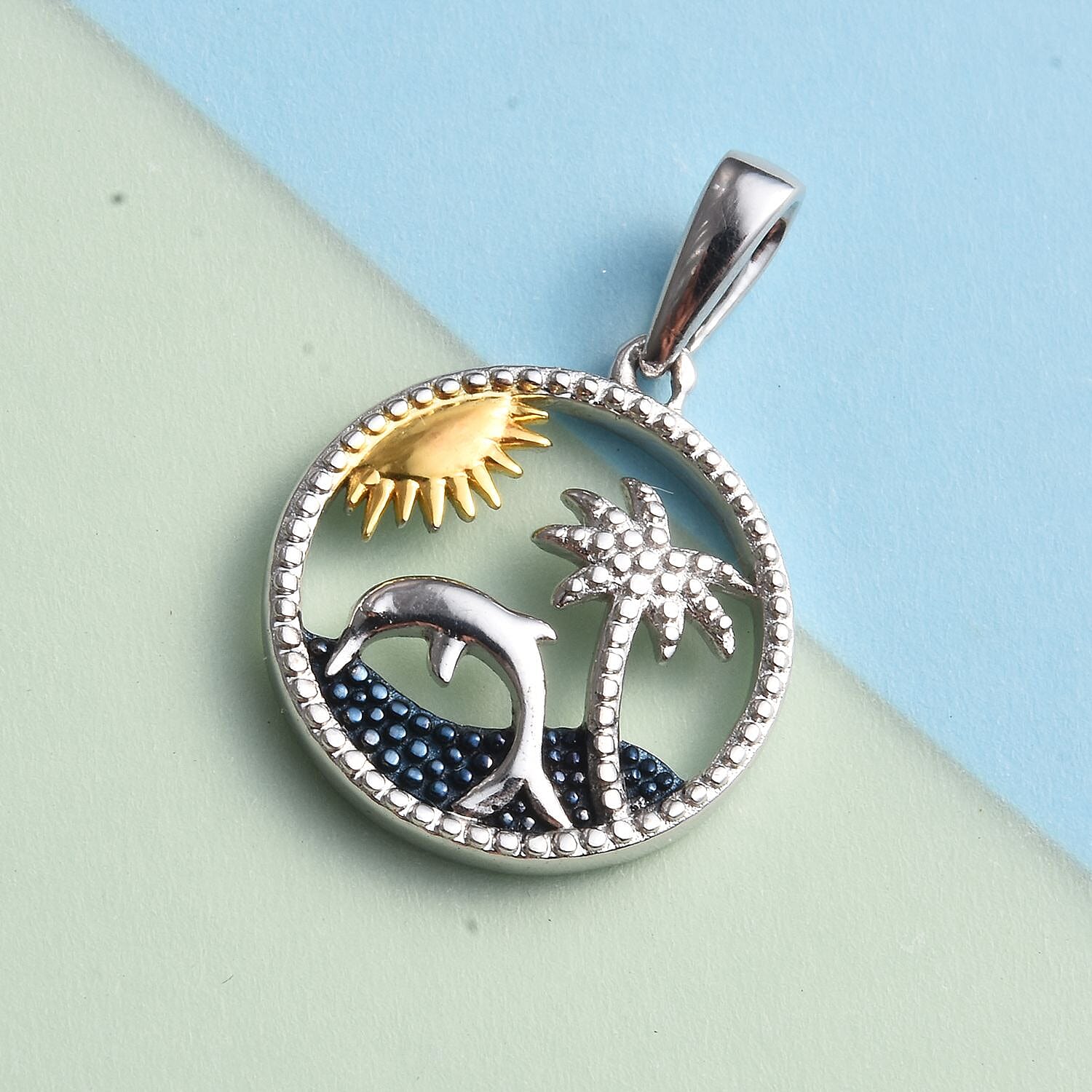 Platinum, Blue and Yellow Gold Overlay Sterling Silver Dolphin with Palm Tree Pendant