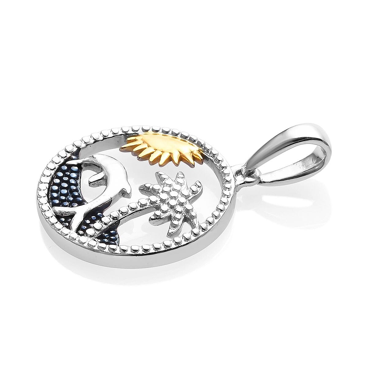 Platinum, Blue and Yellow Gold Overlay Sterling Silver Dolphin with Palm Tree Pendant