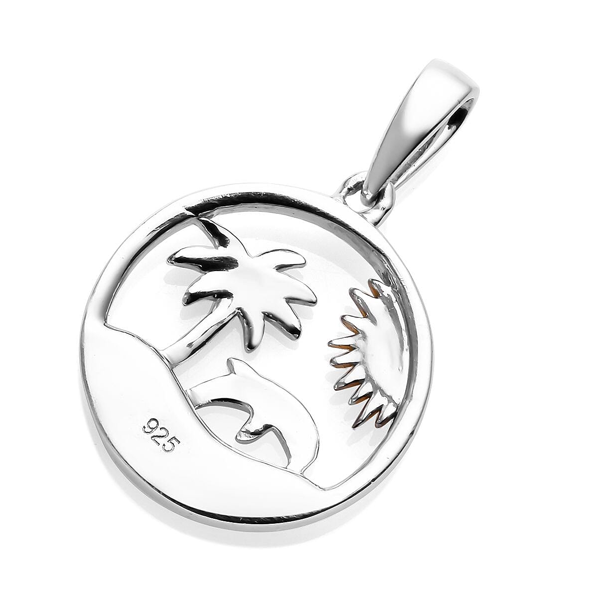 Platinum, Blue and Yellow Gold Overlay Sterling Silver Dolphin with Palm Tree Pendant