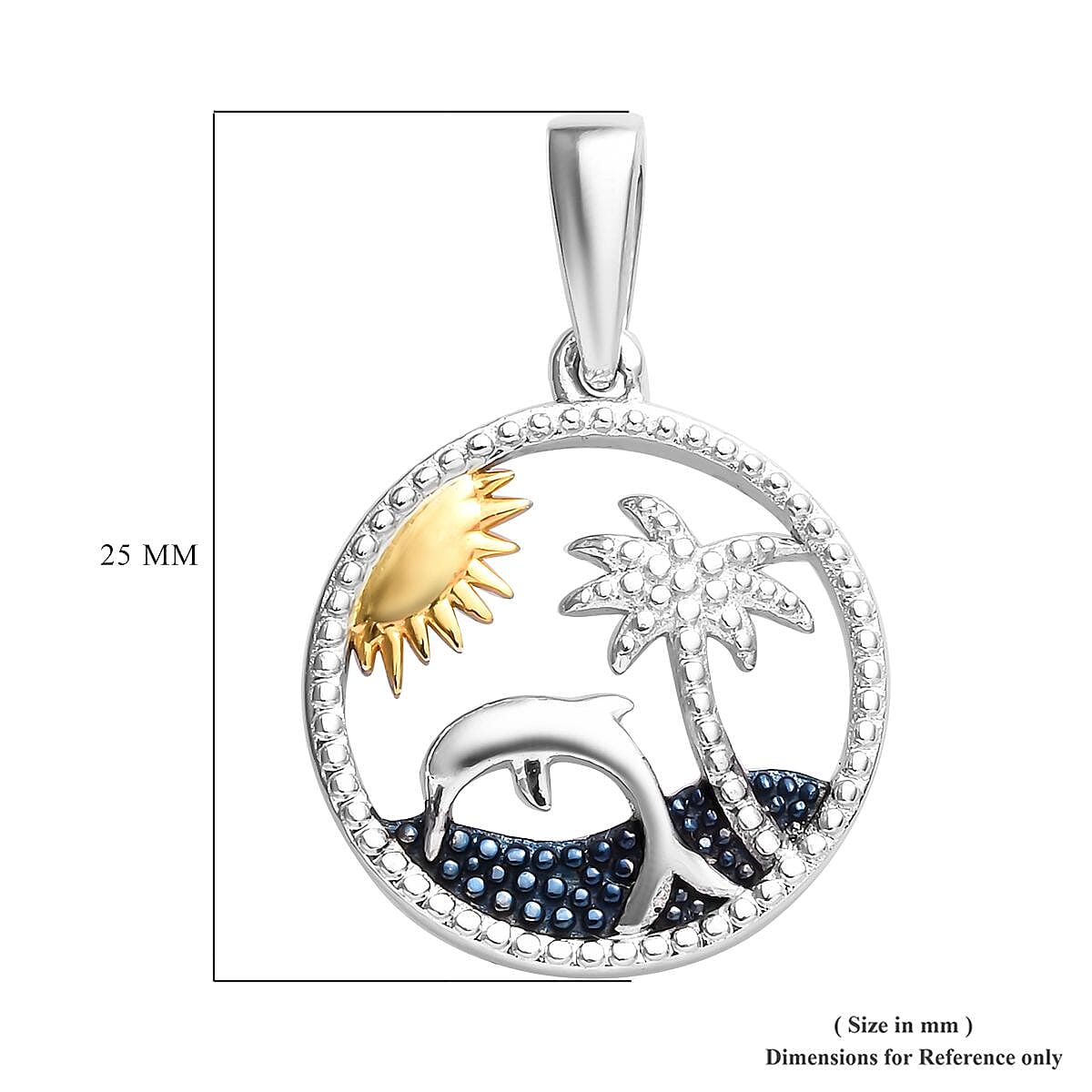 Platinum, Blue and Yellow Gold Overlay Sterling Silver Dolphin with Palm Tree Pendant