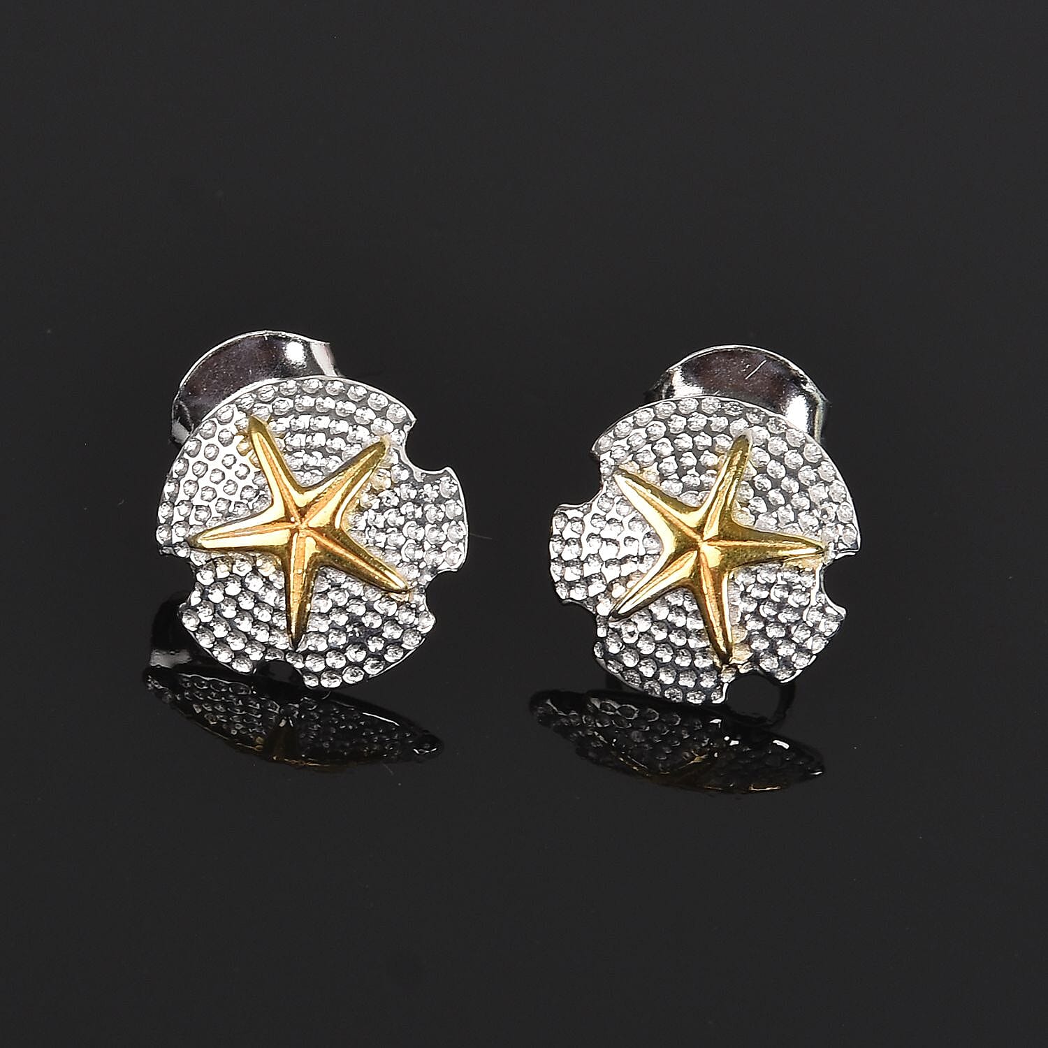 Platinum and Yellow Gold Overlay Sterling Silver Starfish Stud Earrings (with Push Back)