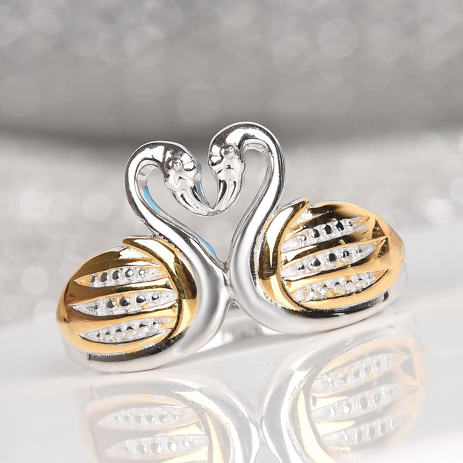 Platinum and Yellow Gold Overlay Sterling Silver Swan Kiss Ring