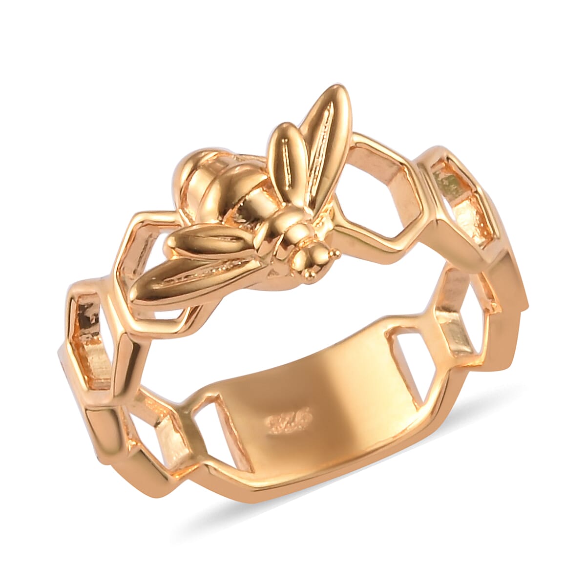 14K Gold Overlay Sterling Silver Honeycomb Bee Ring