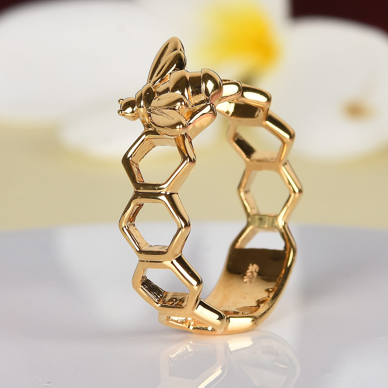 14K Gold Overlay Sterling Silver Honeycomb Bee Ring