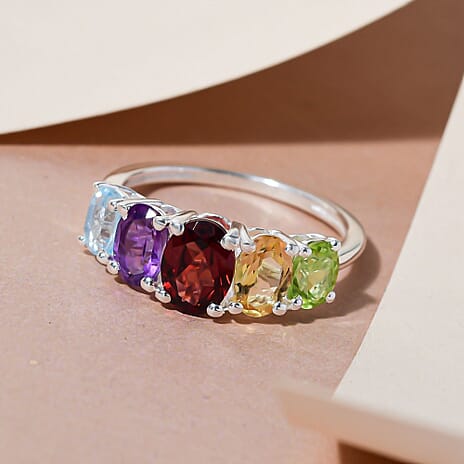 Mozambique Garnet & Amethyst and Multi Gemstone Five Stone Ring in Sterling Silver 2.70 Ct.
