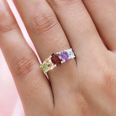 Mozambique Garnet, Amethyst and Multi Gemstone Five Stone Ring in Sterling Silver 1.735 Ct.