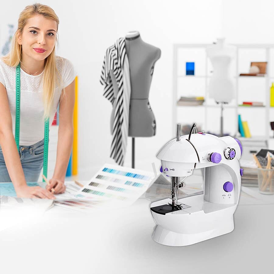 Multifunctional & Portable Mini Double Thread Sewing Machine - (Includes- 1 Needle, 1 Needle Threader, 4 Bobbins, 1 Foot Pedal & Adapter) - White & Purple