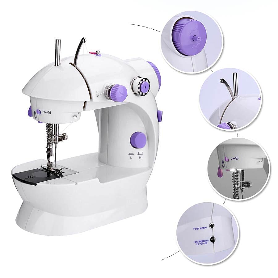 Multifunctional & Portable Mini Double Thread Sewing Machine - (Includes- 1 Needle, 1 Needle Threader, 4 Bobbins, 1 Foot Pedal & Adapter) - White & Purple