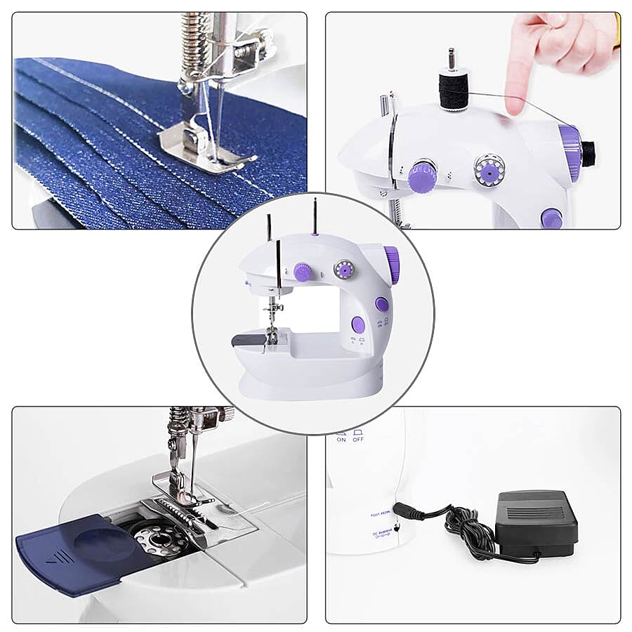 Multifunctional & Portable Mini Double Thread Sewing Machine - (Includes- 1 Needle, 1 Needle Threader, 4 Bobbins, 1 Foot Pedal & Adapter) - White & Purple