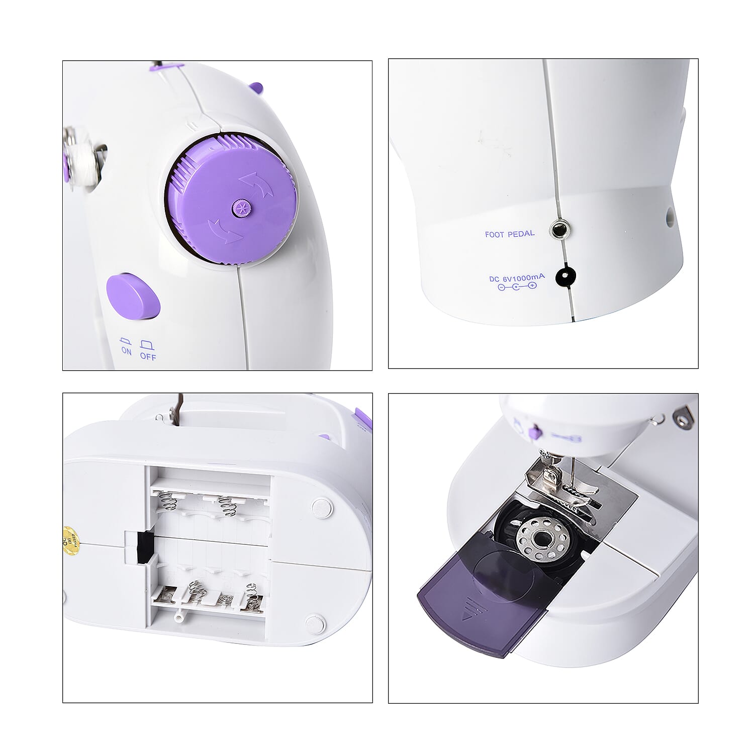 Multifunctional & Portable Mini Double Thread Sewing Machine - (Includes- 1 Needle, 1 Needle Threader, 4 Bobbins, 1 Foot Pedal & Adapter) - White & Purple