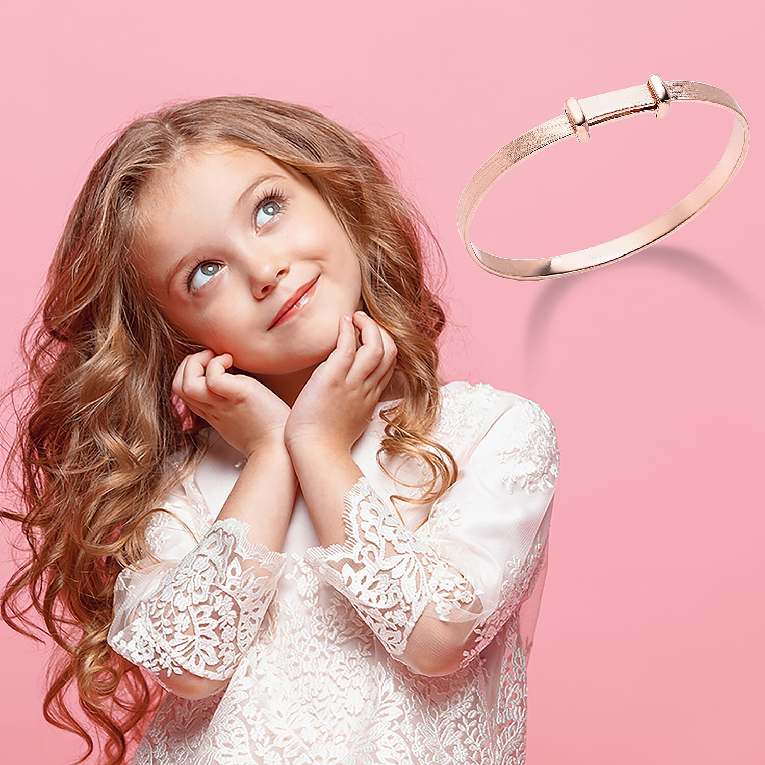 Rose Gold Overlay Sterling Silver Adjustable Shiny Bangle For Children (Size 5), Silver wt 11.50 Gms