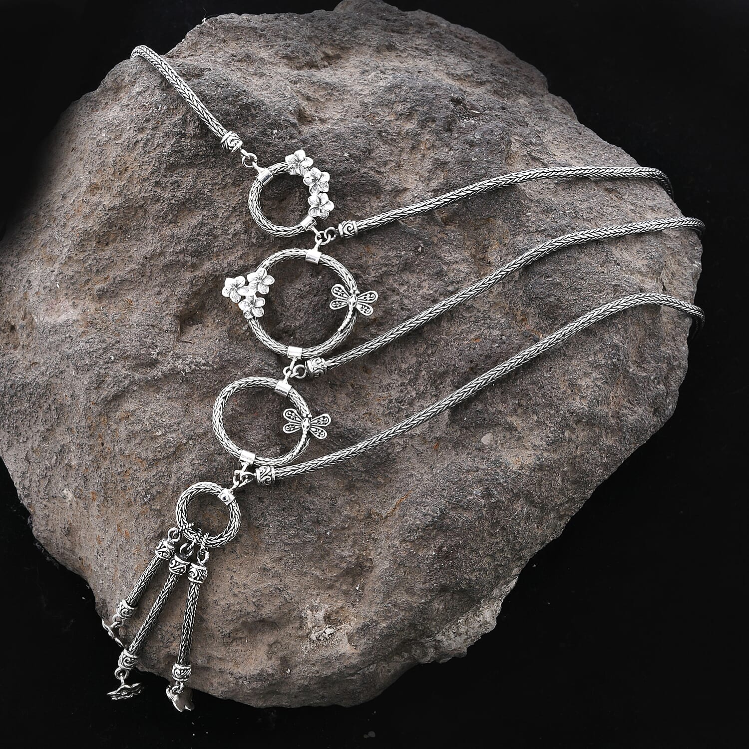 Royal Bali Collection - Sterling Silver Dragonfly and Frangipani Tulang Naga Chain Necklace (Size 20), Silver wt 67.80 Gms