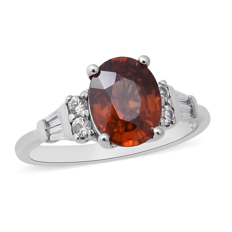 Natural Red Zircon (Ovl 9x7mm) & Natural Zircon Ring in Rhodium Overlay Sterling Silver 3.20 Ct.