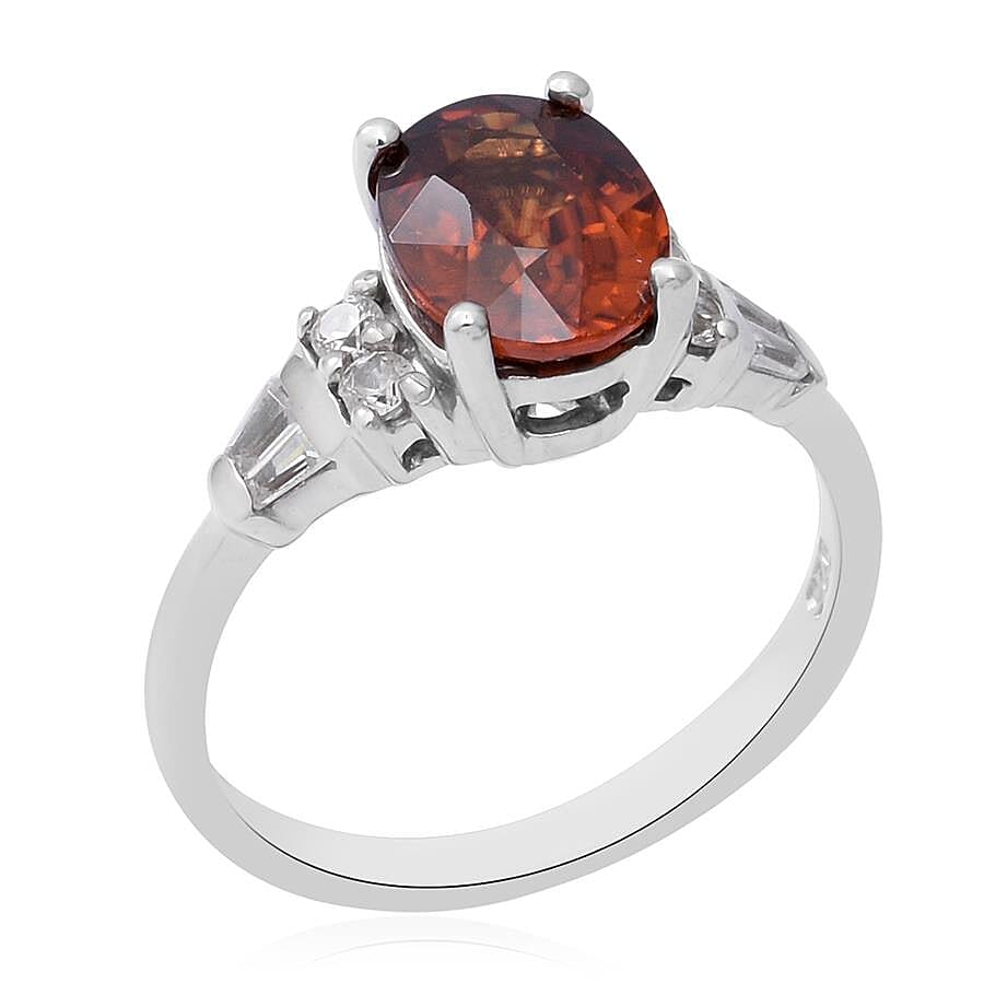 Natural Red Zircon (Ovl 9x7mm) & Natural Zircon Ring in Rhodium Overlay Sterling Silver 3.20 Ct.