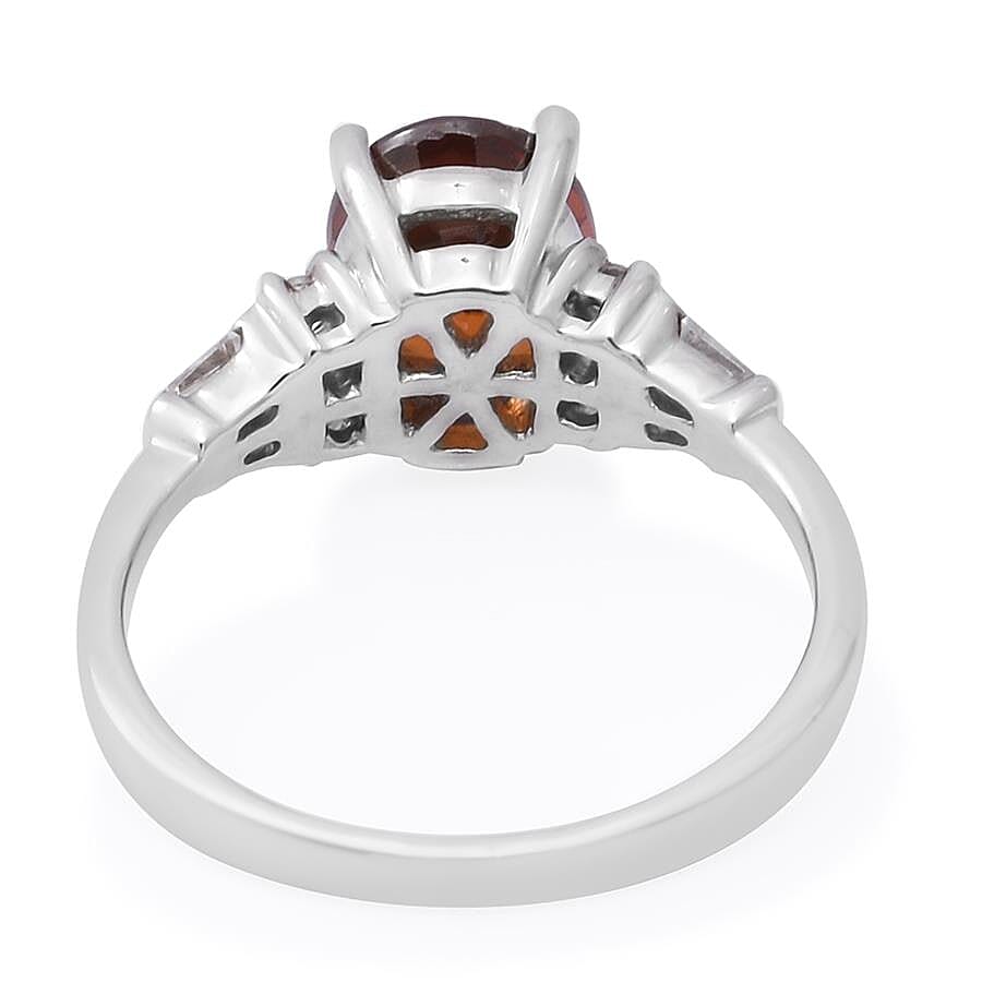 Natural Red Zircon (Ovl 9x7mm) & Natural Zircon Ring in Rhodium Overlay Sterling Silver 3.20 Ct.