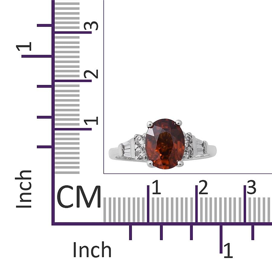 Natural Red Zircon (Ovl 9x7mm) & Natural Zircon Ring in Rhodium Overlay Sterling Silver 3.20 Ct.
