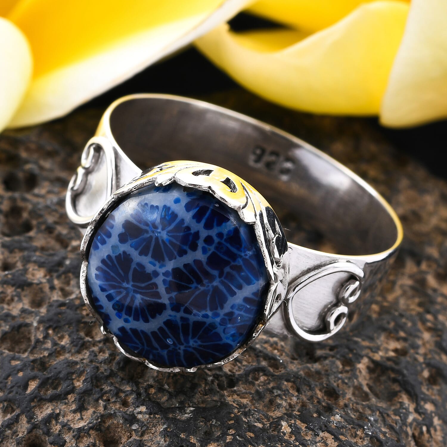 Royal Bali Collection - Blue Coral Filigree Ring in Sterling Silver