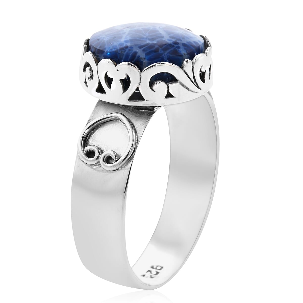 Royal Bali Collection - Blue Coral Filigree Ring in Sterling Silver