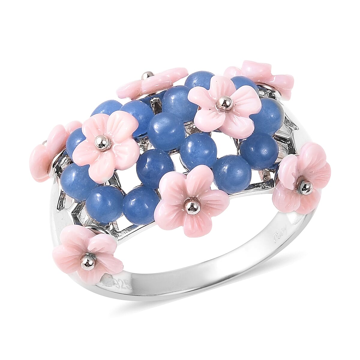 Jardin Collection - Blue Jade (3.25 Ct), Pink Mother of Pearl Floral Dome Ring in Rhodium Overlay Sterling Silver