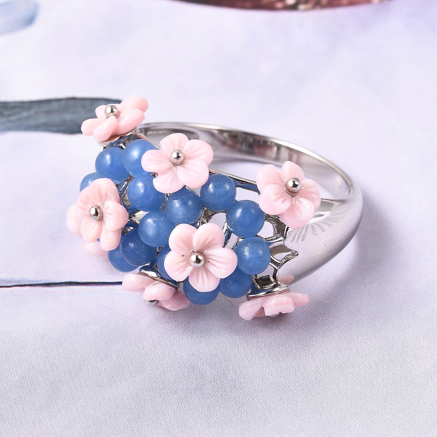 Jardin Collection - Blue Jade (3.25 Ct), Pink Mother of Pearl Floral Dome Ring in Rhodium Overlay Sterling Silver